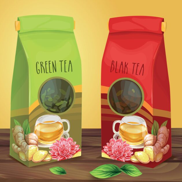 
Green and black tea air-tight paper packages with transparent round window decorated with cup of tea, sliced ginger root, leaves and flower standing on wooden surface hand drawn vector illustration
