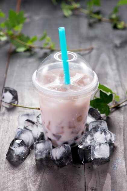 
Taro bubble tea and black tapioca pearls on crushed ice