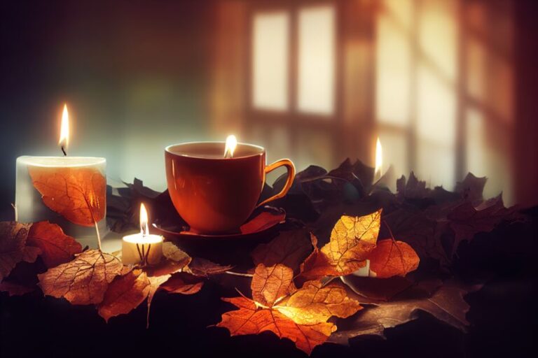 Home autumn composition with tea, dry leaves and burning