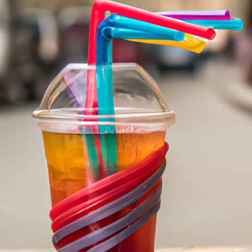 Plastic cup of rainbow tea with multicored straws