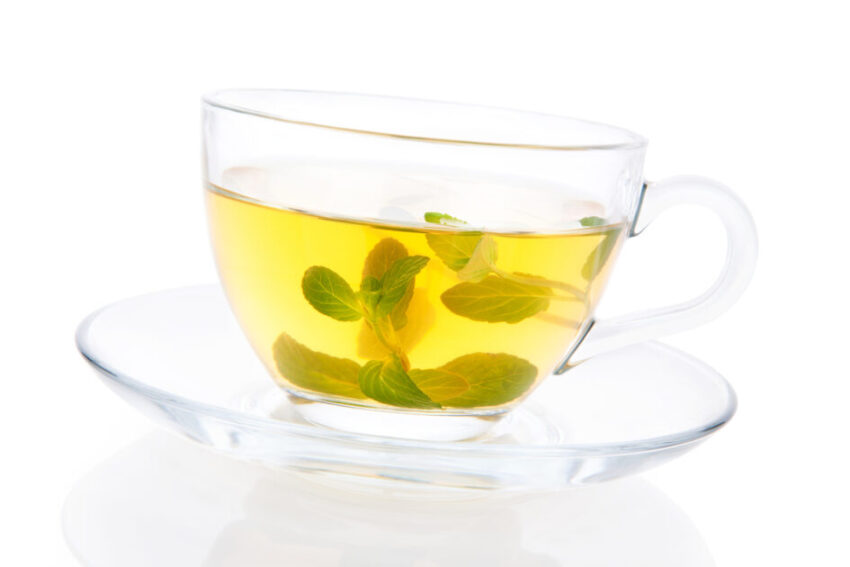 Fresh mint tea. Peppermint leaves in transparent teacup