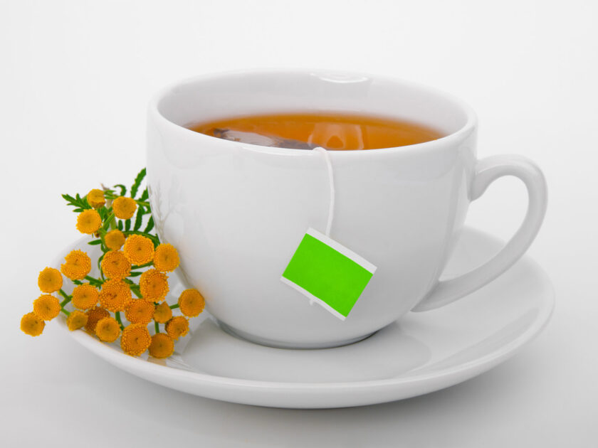 Green tea with tea bag and herb flower.