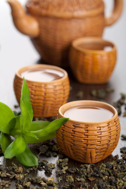 Green tea in bamboo cups