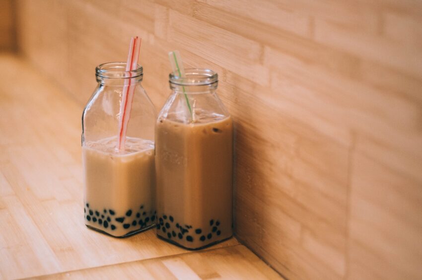 Taro milk tea in a jar