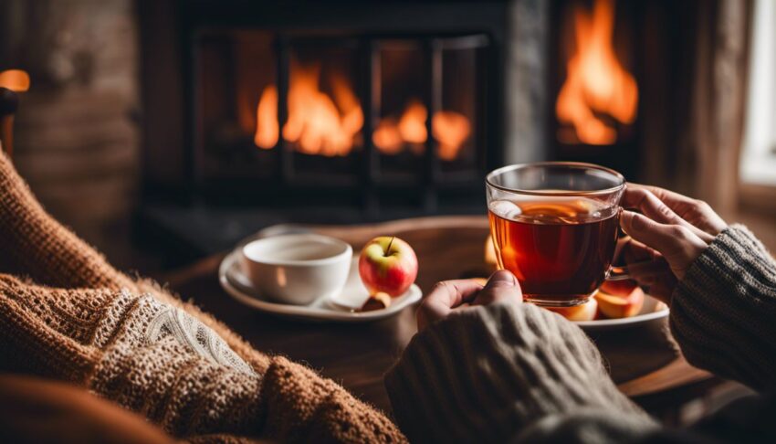 Sipping Autumn Apple Tea by a fireplace