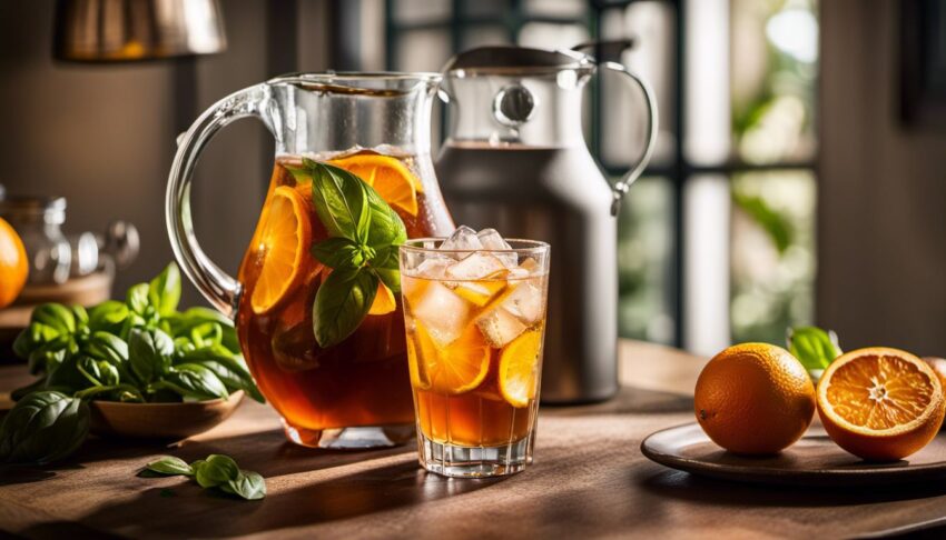 A pitcher and glass of Lipton Orange and Basil Fancy Iced Tea on a table