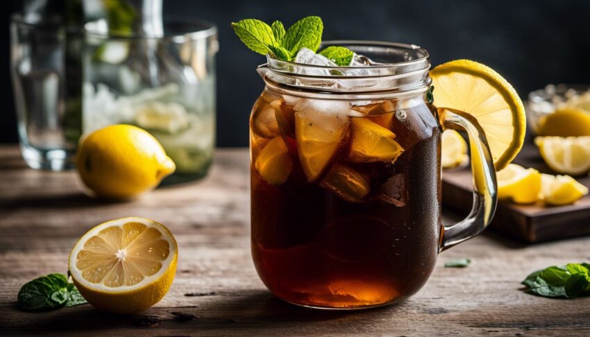 A glass of Southern Breeze Cold Brew Sweet Iced Tea on a rustic table